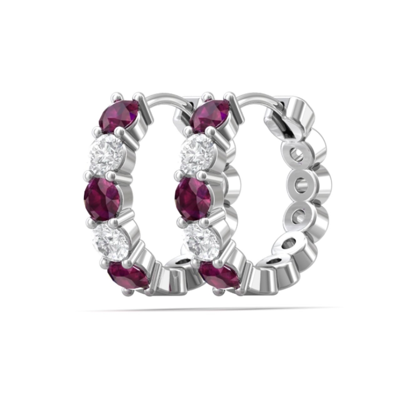 14KW Ruby and Dia Mini Hoop Earrings 6 Rnd Rubies .56ctw 4 Rnd Dia .30ctw H/I I1