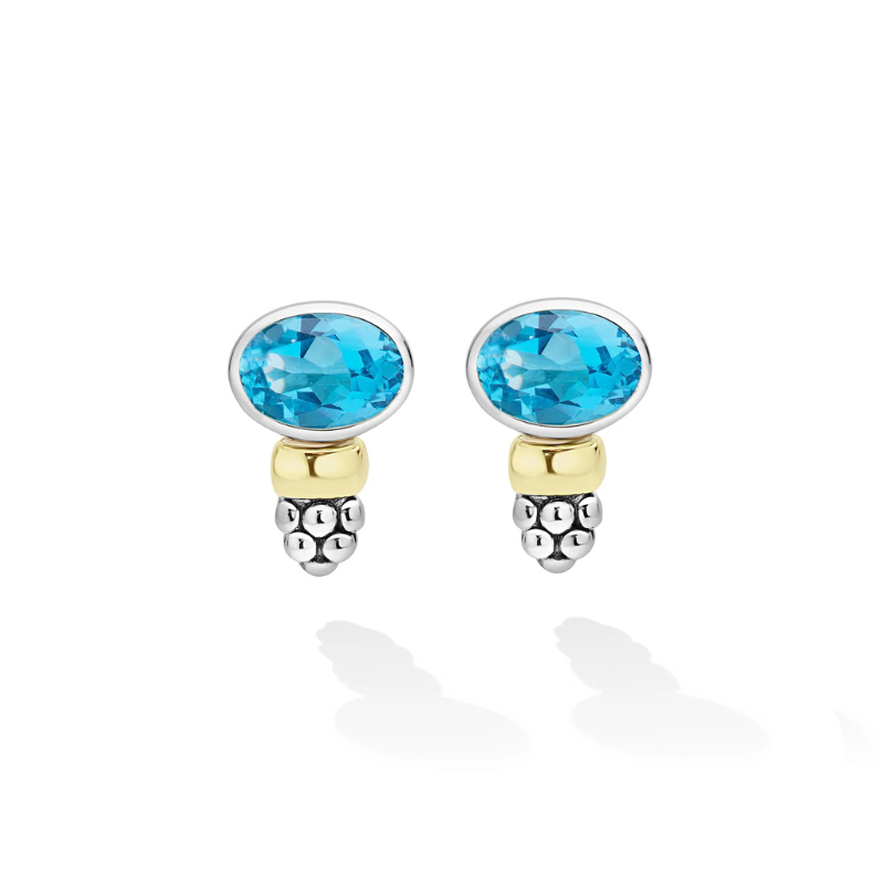 Two-Tone Swiss Blue Topaz Oval Stud Earrings