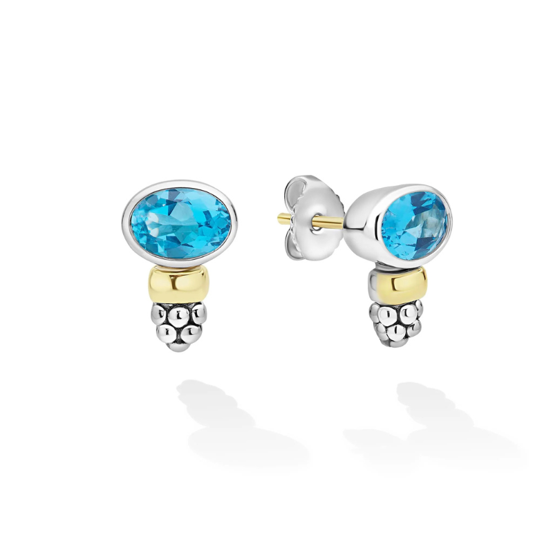Two-Tone Swiss Blue Topaz Oval Stud Earrings