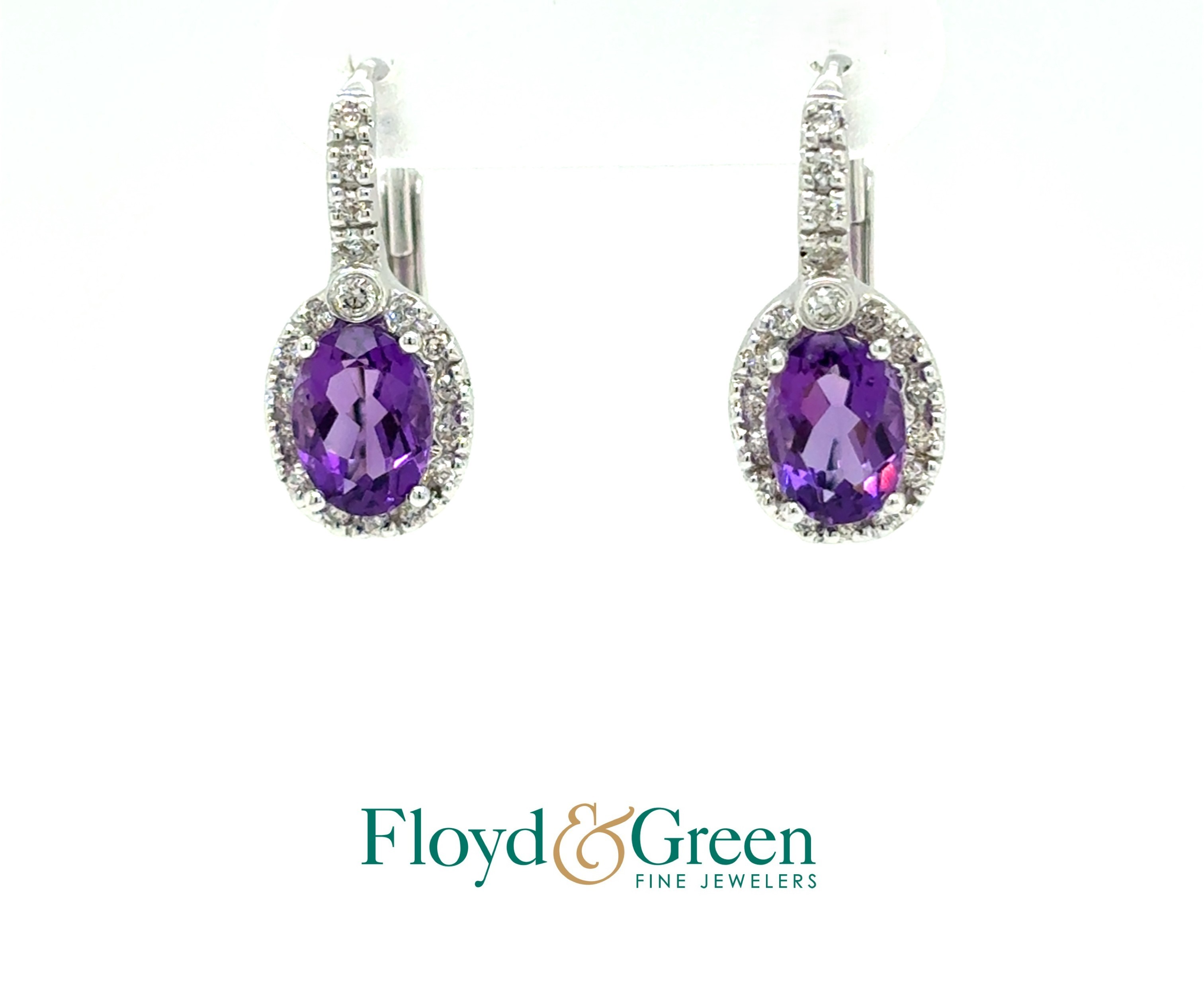 14KW Amethyst & Diamond Earrings, 2 Oval Amethysts, 1.48ct, 36 Rd Diamonds, 0.20ct, G-H SI1