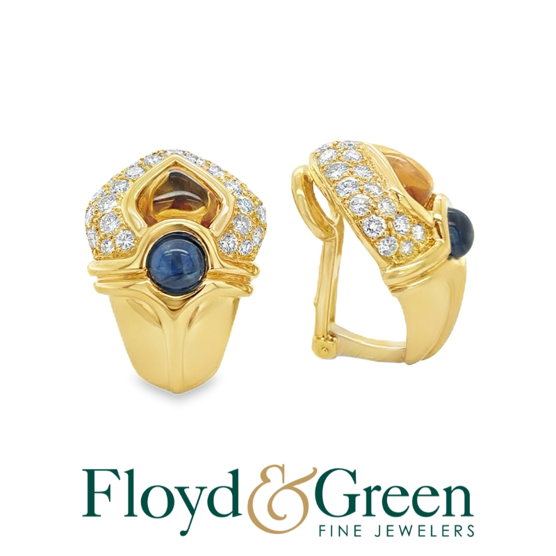 18KY Diamond, Sapphire, & Citrine Earrings, 56 Rd Dia, 1.79ct, H VS1, 2 Rd Sap, 1.28ct, 2 Heart-shaped Citrine, 2.39ct