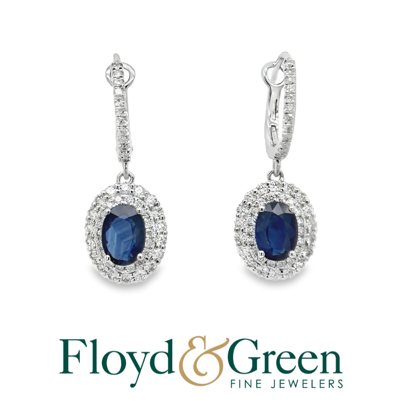 14KW Diamond & Sapphire Earrings, 96 Round Diamonds, 0.84ct, I VS2-SI1, 2 Oval Sapphires, 1.76ct