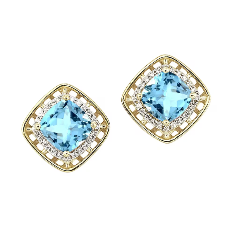 10Kt Gold Diamond Halo and Blue Topaz Stud Earrings