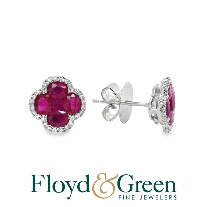 Ruby and Diamond Clover Stud Earrings