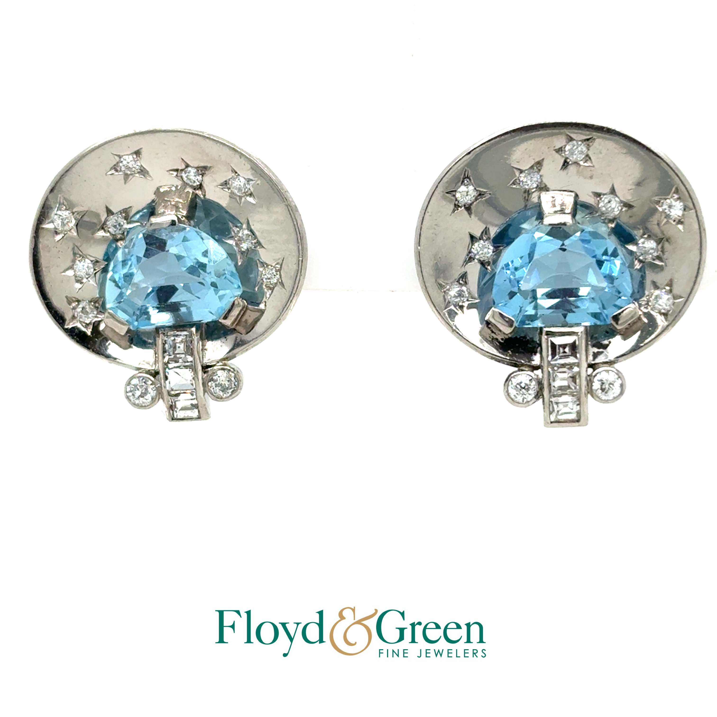 Platinum Aquamarine & Diamond Screw-on Earrings, 2 Half-moon Aqua, 3.69ct, 22 Rd Dia, 0.73ct, 6 Squ-step, 0.34ct, H VS2