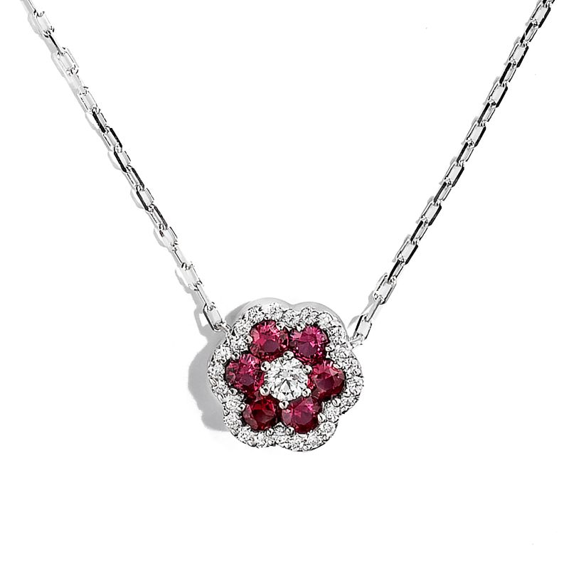 Flower Ruby & Diamond Pendant Necklace