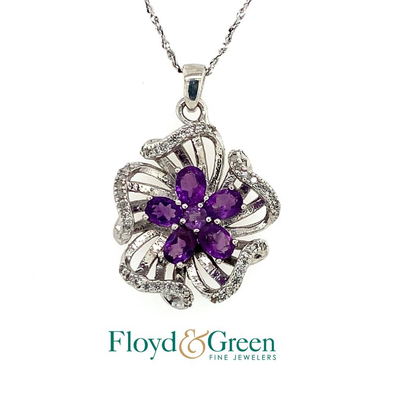 Amethyst & Diamond Flower Pendant Necklace