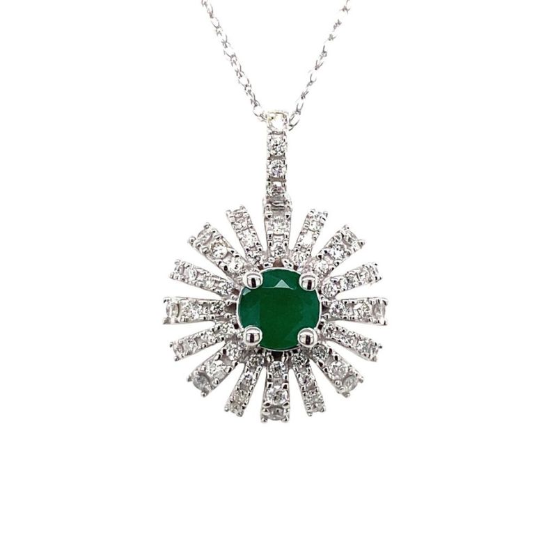 Emerald & Diamond Flower Pendant Necklace