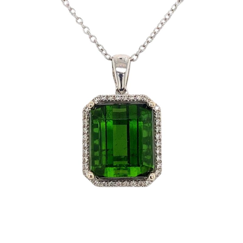 Green Tourmaline & Diamond Halo Pendant Necklace