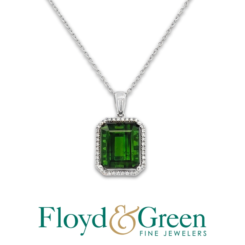 Green Tourmaline & Diamond Halo Pendant Necklace