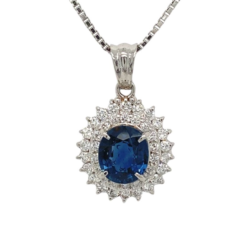 Sapphire & Diamond Double Halo Pendant Necklace