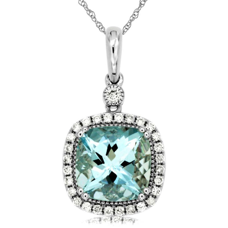 Aquamarine & Diamond Halo Pendant Necklace