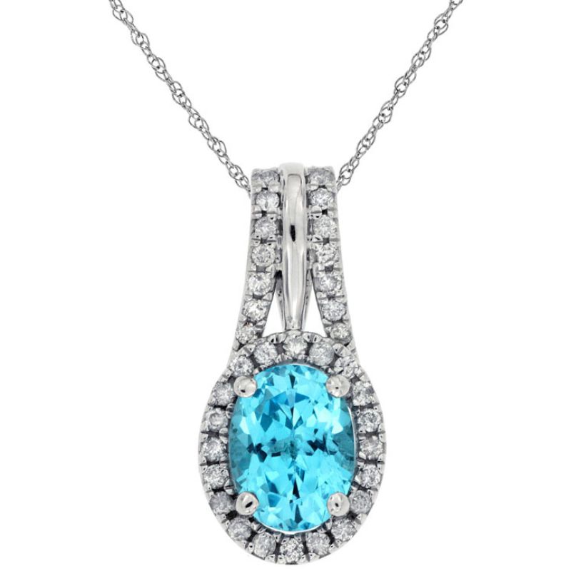 Blue Topaz & Diamond Halo Pendant Necklace