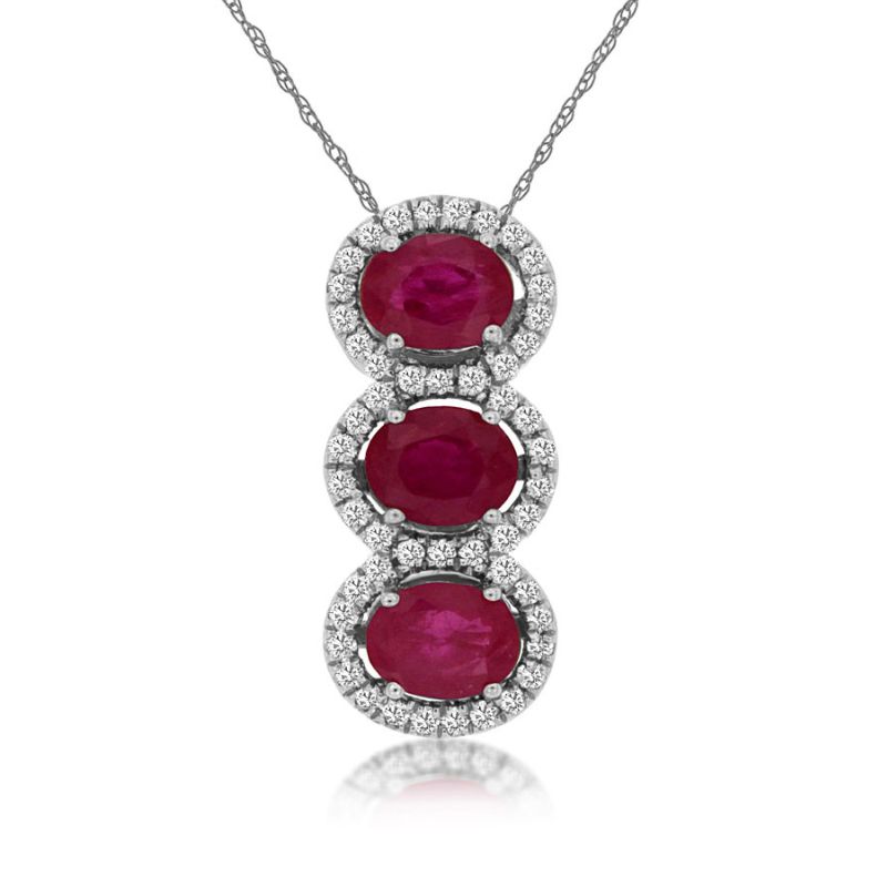 3 Stone Ruby & Diamond Halo Drop Pendant