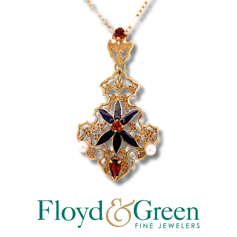 Citrine, Garnet, Black Enamel, & Pearl Pendant Necklace