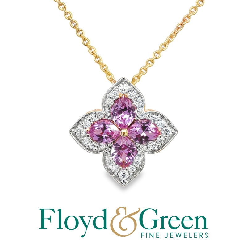 Pink Sapphire & Diamond Flower Pendant Necklace