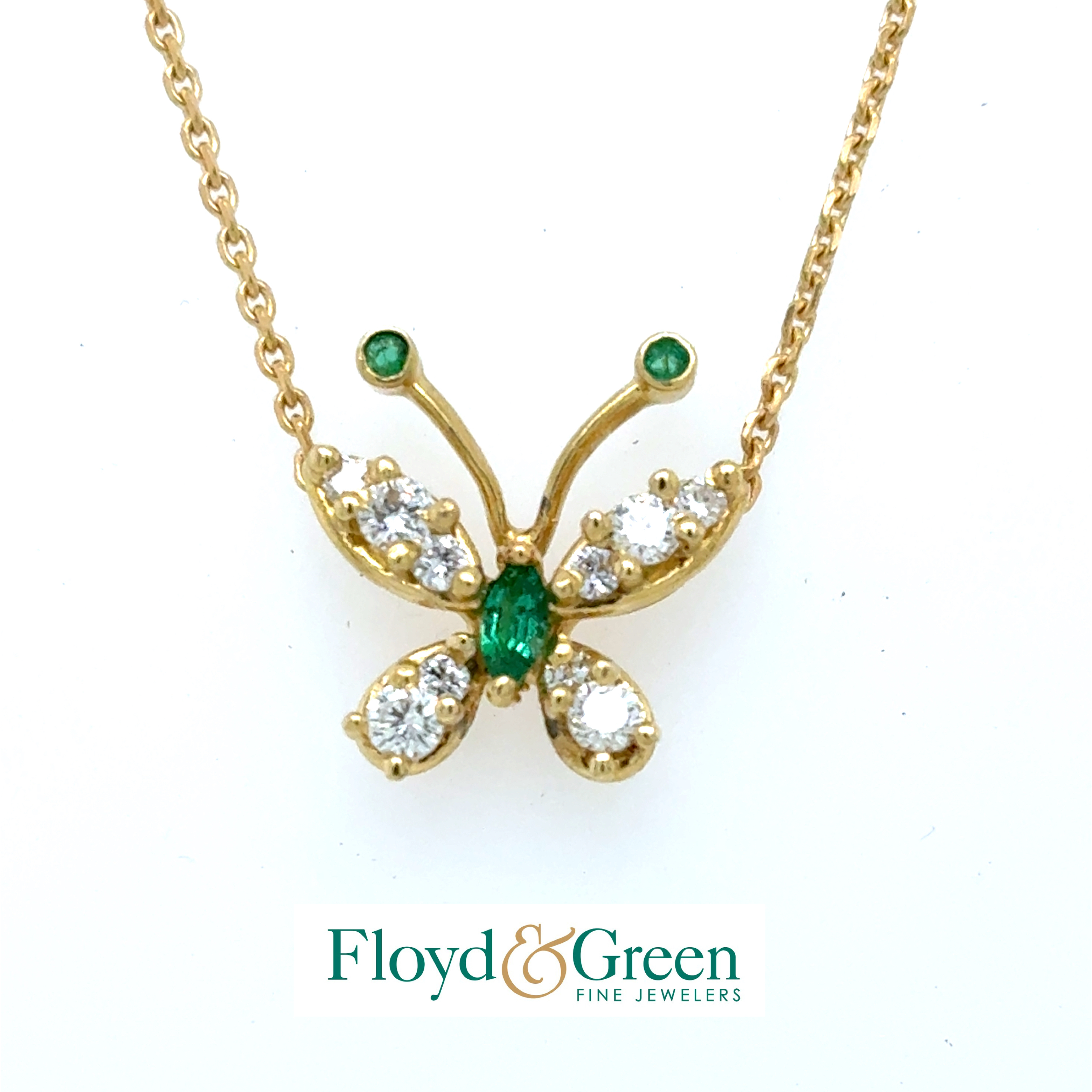 14KY Diamond & Emerald Butterfly Pendant, 10 Round Diamonds, 0.32ct H VS1, 3 Emeralds, 0.07ct, with 14KY Cable Link Chain, 15.75 inch