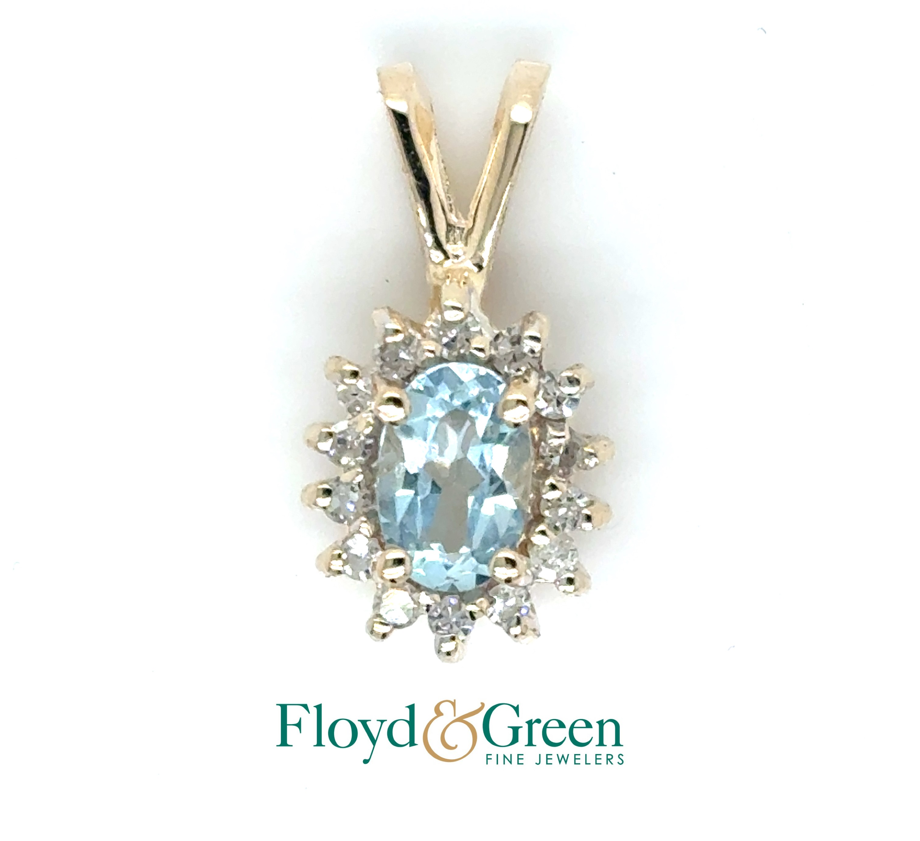 14KY Aquamarine & Diamond Pendant, 1 Oval Aqua, 0.39ct, 14 Single-cut, 0.13ct, I VS2-SI1