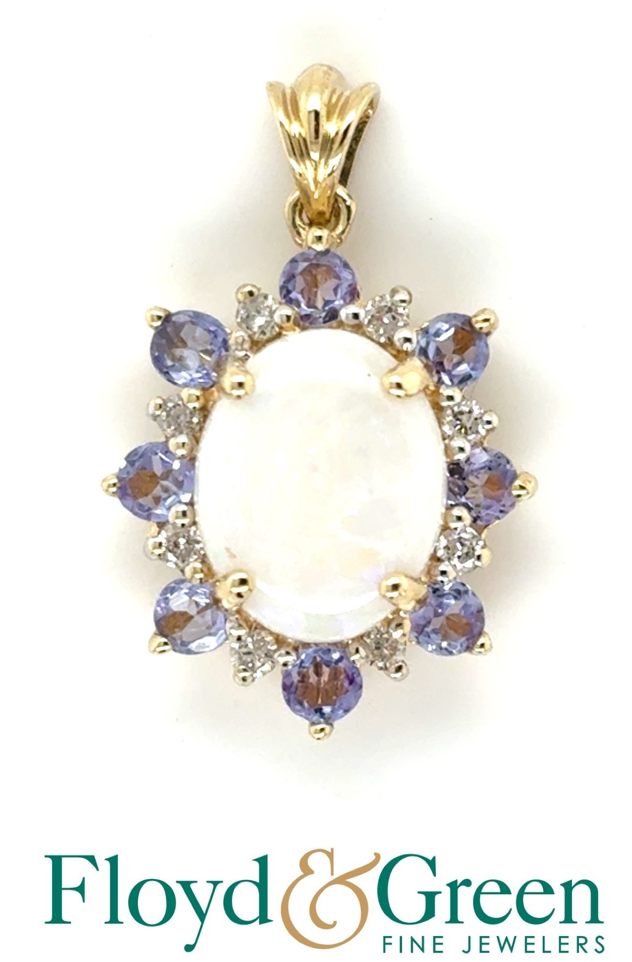 14K Two-Tone Opal, Diamond, & Iolite Pendant, 1 Oval Opal, 0.96ct, 8 Rd Dia, 0.12ct, H SI2-SI1, 8 Rd Iolites, 0.33ct