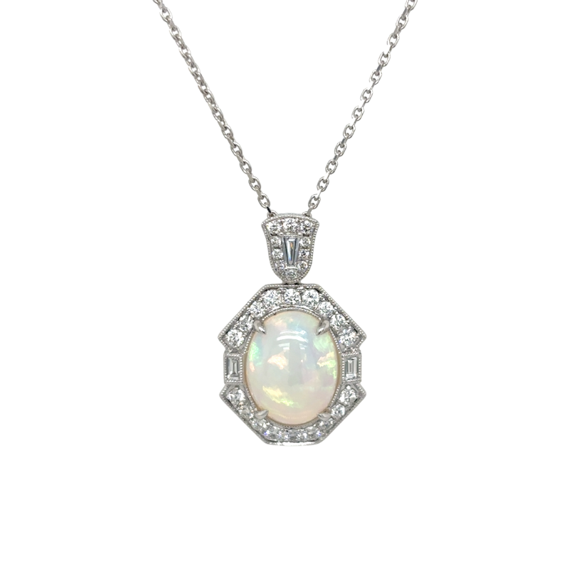 18KW Oval Opal 2.91CT w/ Dia .73ctw Milgrain Vintage Pendant 
ESTATE