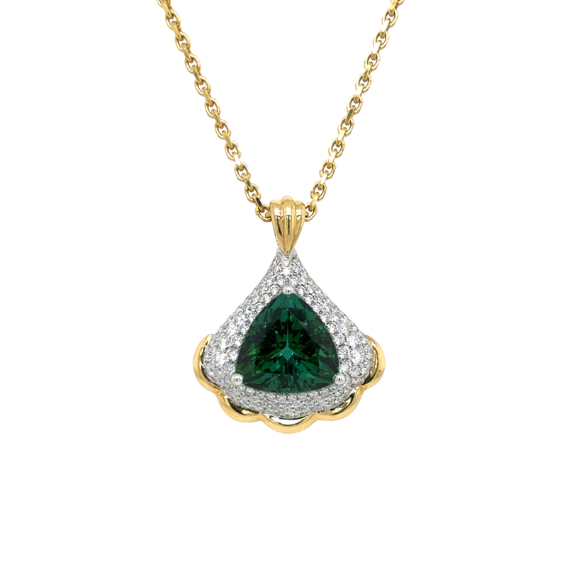 18Y/W Trillion Green Tourmaline 5.00CT w/ Pave Dia .87ctw Pendant 
ESTATE
