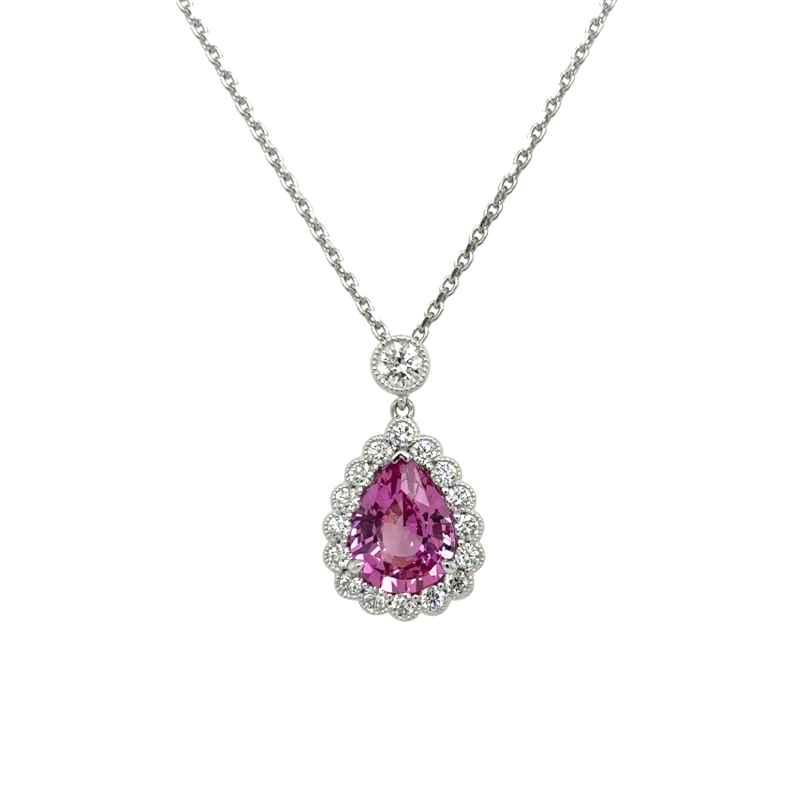 18KW Pear Pink Sapphire 2.11CT w/ Dia .53ctw Milgrain Pendant 
ESTATE
