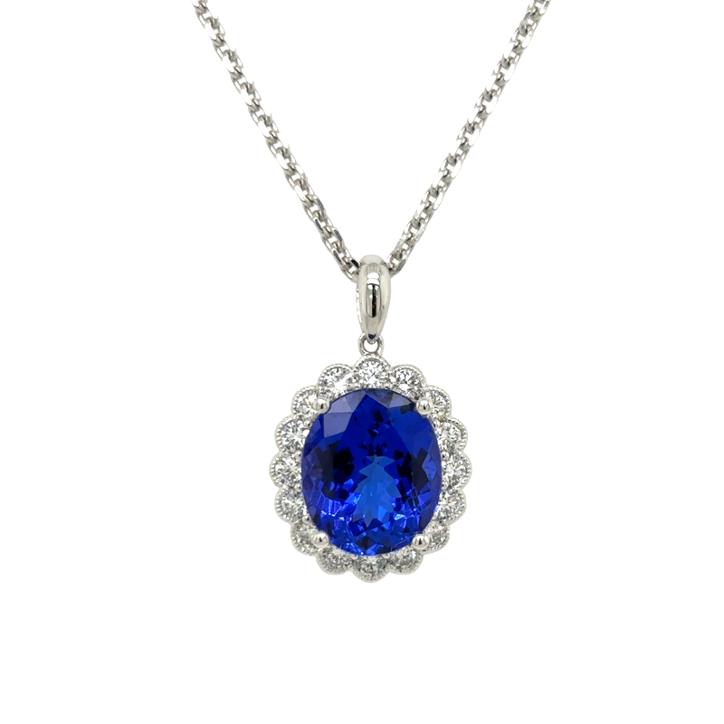 18KW Oval Tanzinite 5.50CT w/ Dia .80ctw Milgrain Halo Pendant 
ESTATE