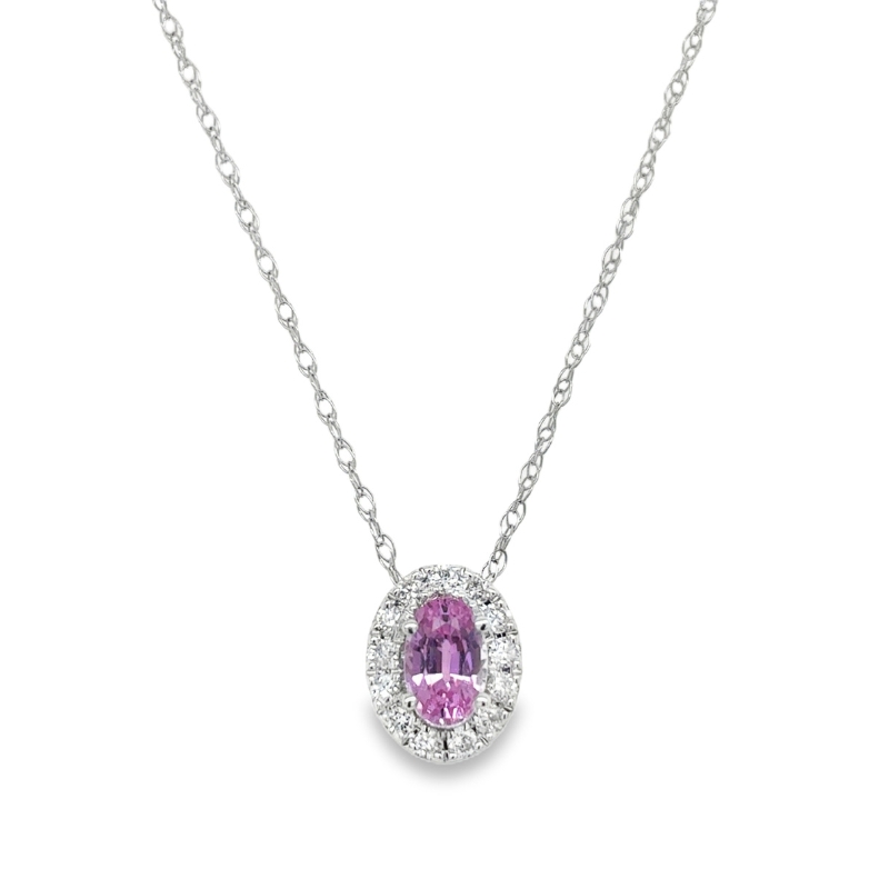 Pink Sapphire & Diamond Halo Pendant Necklace