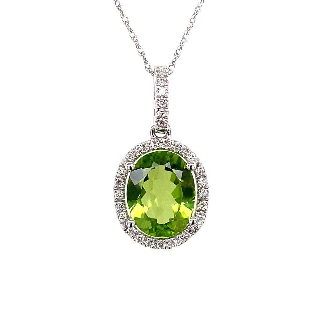 18 14KW Oval Peridot 2.80ct and Diamond Halo .18ctw G-H/SI2 Pendant