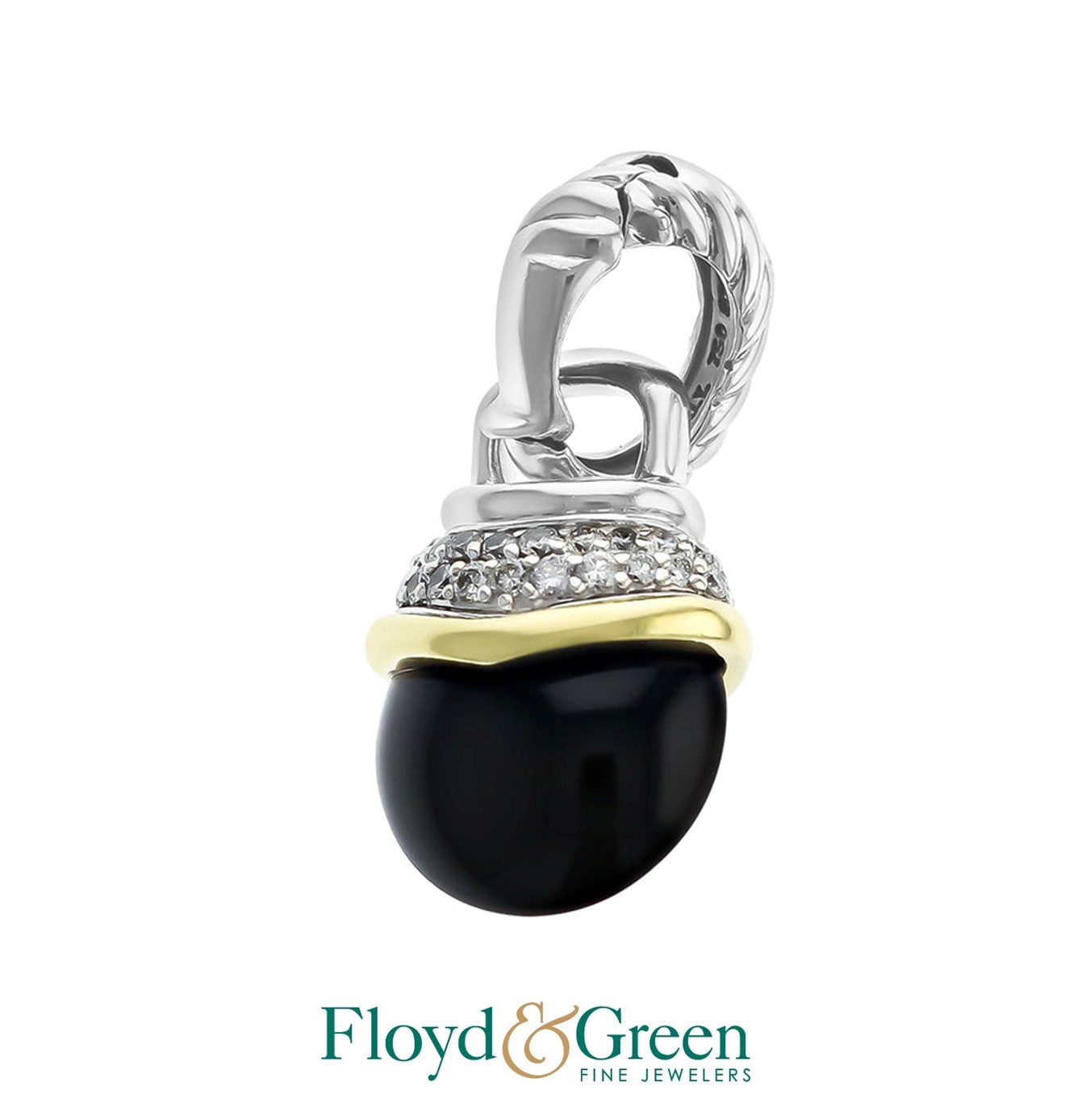 David Yurman Sterling Silver & 18KY Black Onyx & Diamond Acorn Pendant, 1 Cabochon Onyx, 32 Rd Dia, 0.26ct.