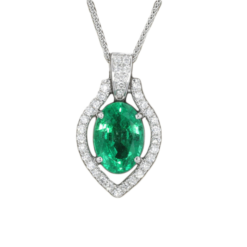 18 14KW Diamond .25ctw H-I SI and Oval Emerald 2.25ct Pendant