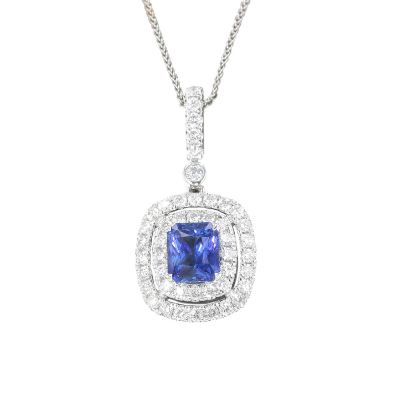18 14KW Cush Sapphire 1.37ct w/ Double Dia Halo .62ctw H-I SI Pendant