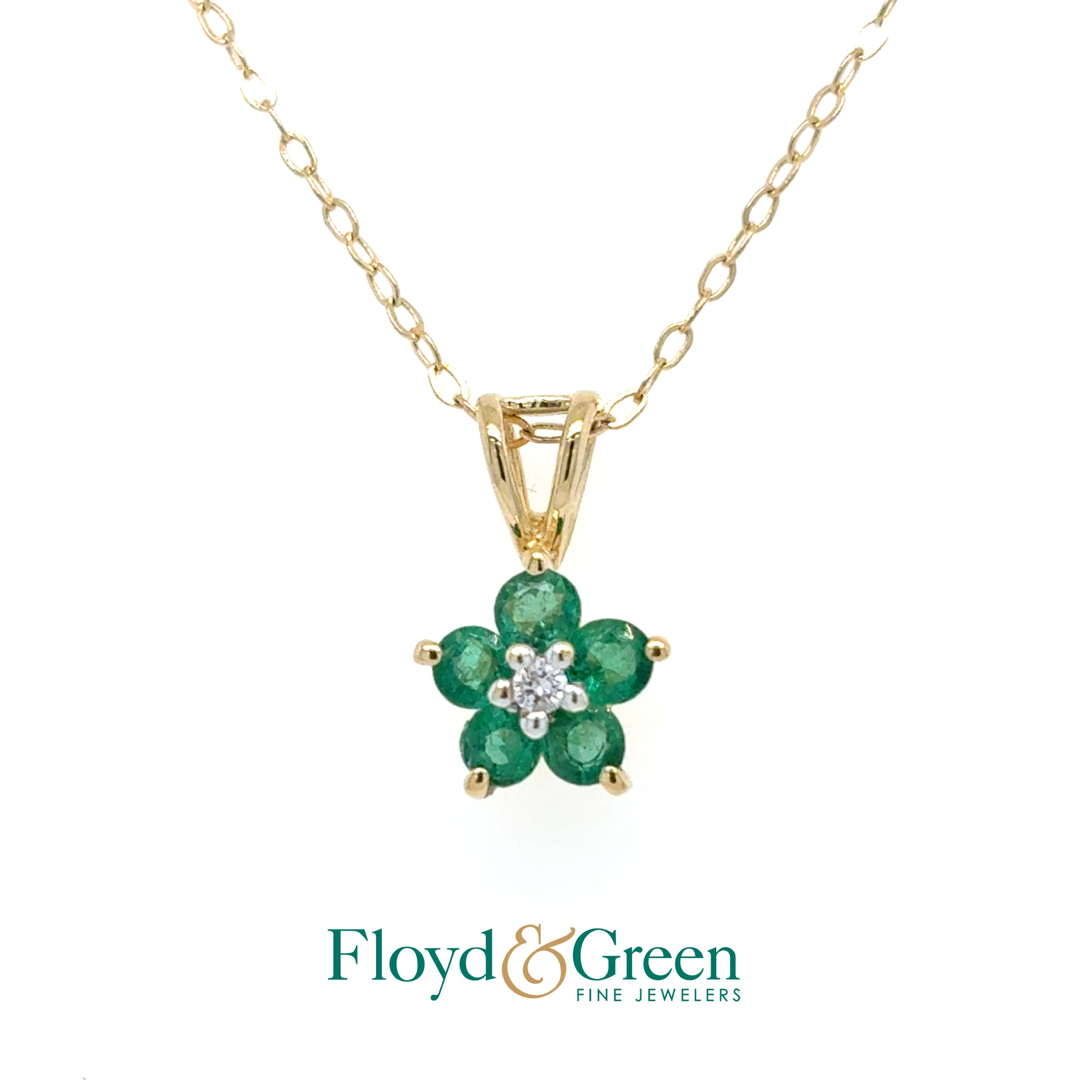 14KY Emerald & Diamond Flower Pendant, 5 Rd Em, 042ct, 1 Rd Dia, I SI2, on 14KY Chain, 20.5 inch, 0.9g