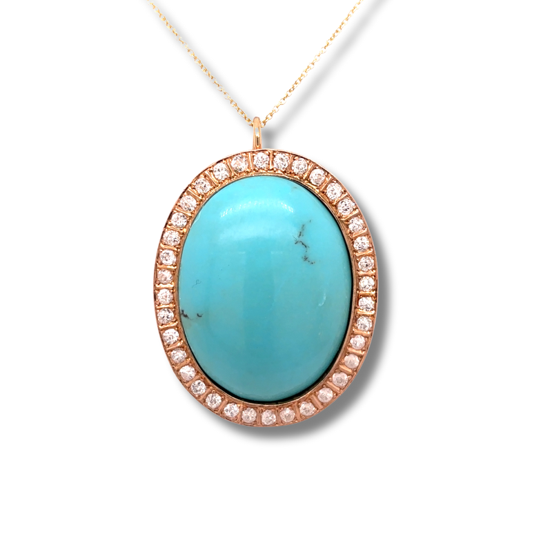 ESTATE - 18 14KY Victorian Turquoise 52ct w/ Dia Halo 2.75ctw Pendant
Circa 1880s