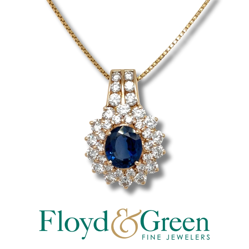 Madagascar Sapphire & Diamond Halo Pendant Necklace