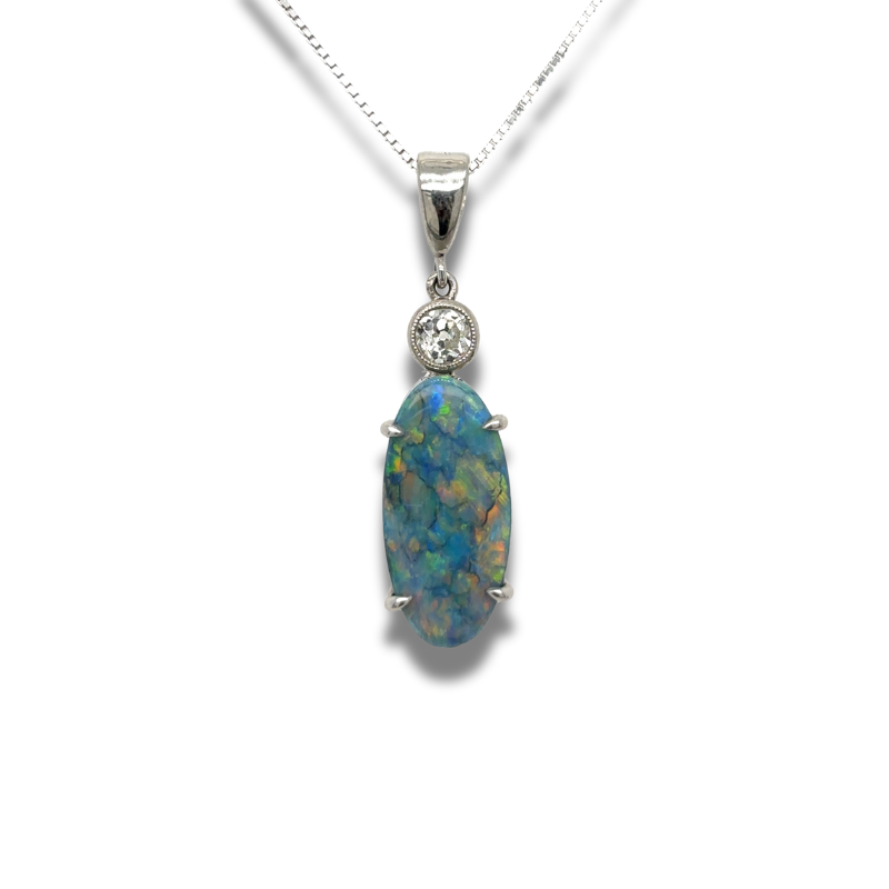 ESTATE - 16 14KW Australian Black Opal 3.47ct and Dia .22ct Pendant