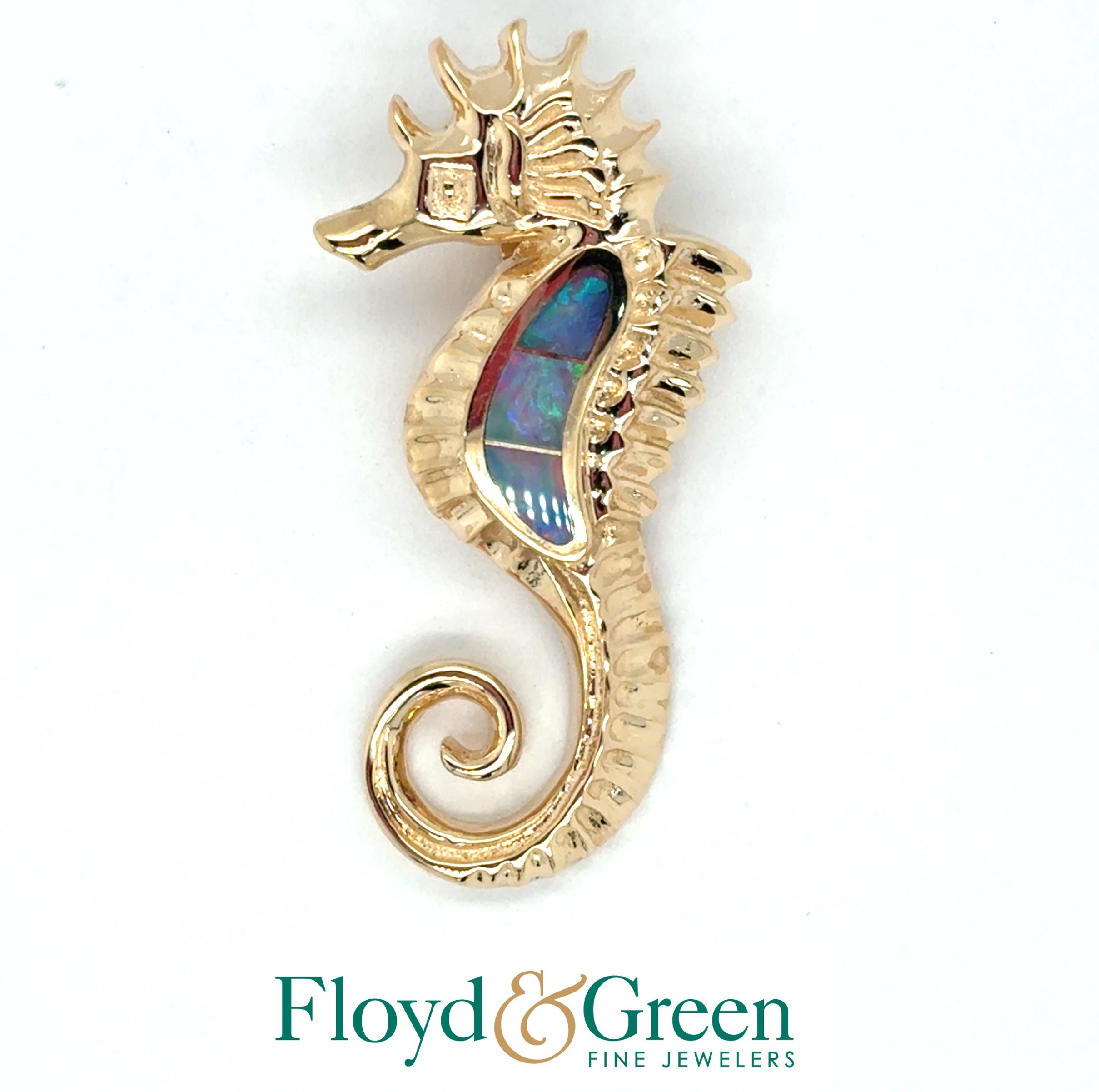 14KY Opal Inlay Seahorse Pendant, 6.7g