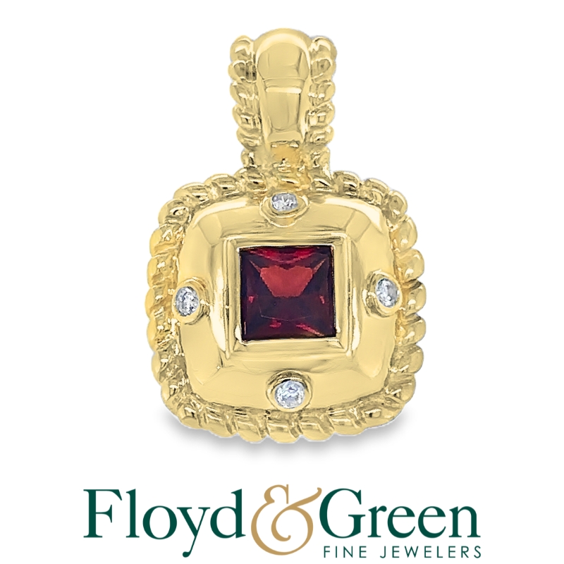 14KY Garnet & Diamond Pendant, 1 Square Garnet, 4 Round Diamonds, 5.4g