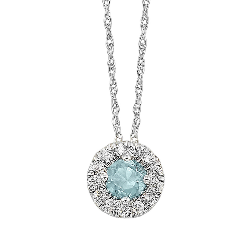 10KW Aqua Round Birthstone Pendant with Dia .10 ctw Halo