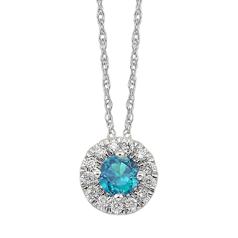 10KW Blue Topaz Round Birthstone Pendant with Dia .10 ctw Halo