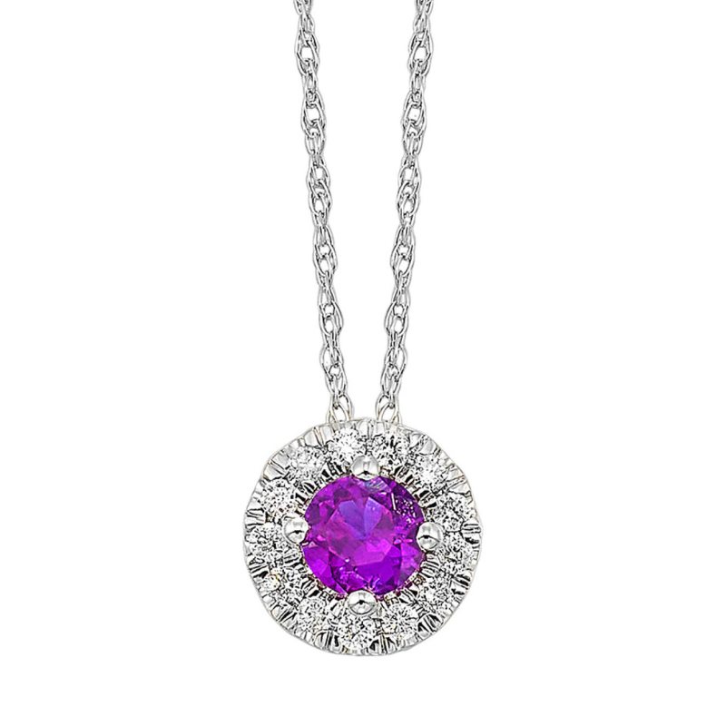 10KW Amethyst Round Birthstone Pendant with Dia .10 ctw Halo