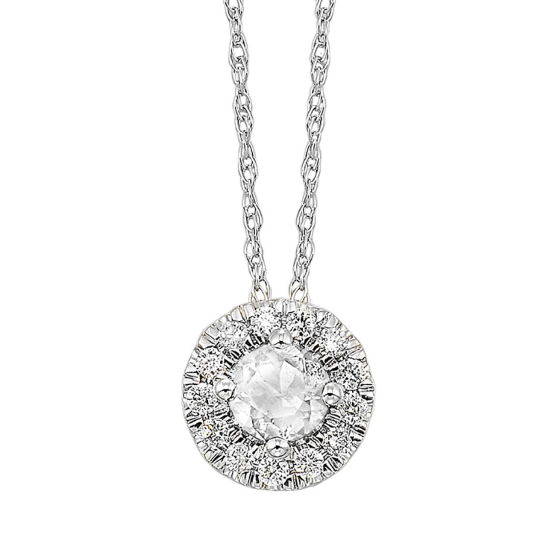 10KW White Topaz Round Birthstone Pendant with Dia .10 ctw Halo