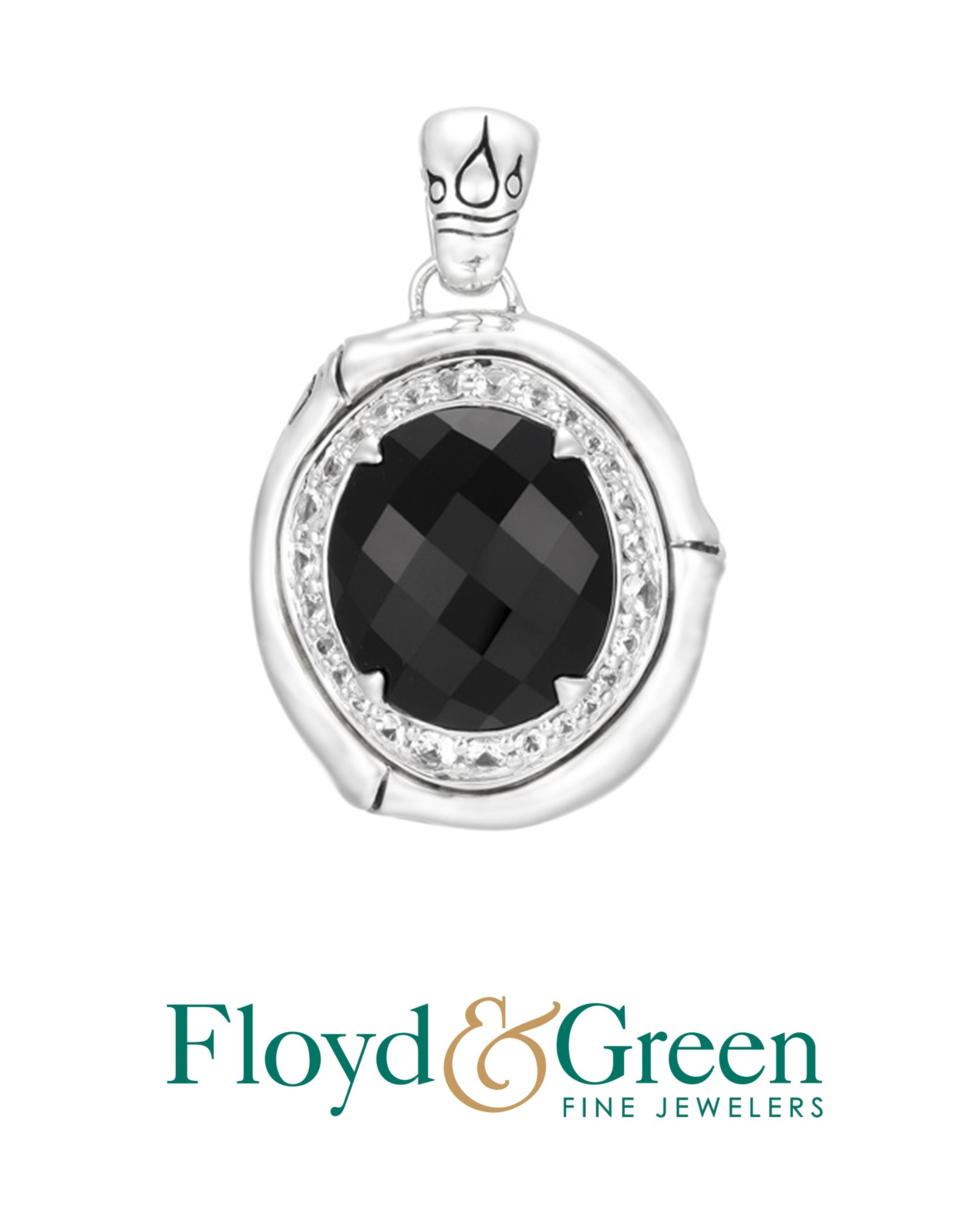 John Hardy Sterling Silver Batu Bamboo Oval Enhancer With Black Onyx and White Sapphires