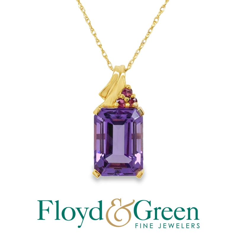 14KY Amethyst & Ruby Pendant, Emerald-cut Amethyst, 6.29ct, 3 Round Rubies, 0.12ct, on 14KY Rope Chain, 18 inch