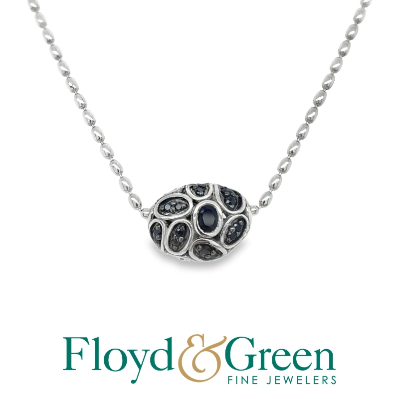 John Hardy Sterling Silver Kali Pebble Lava Oval Bead Necklace w/Blk Chalcedony & Blk Sapphires, 16 inch