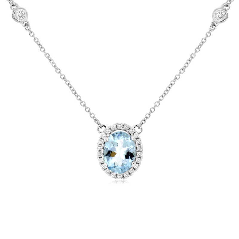 Aquamarine & Diamond Halo Pendant Necklace