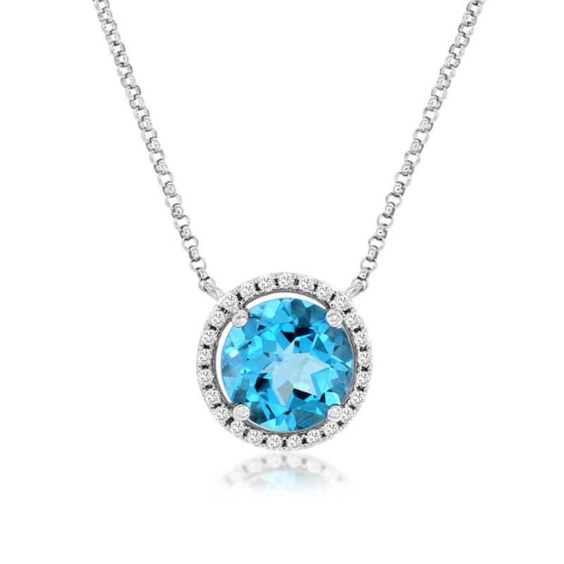 14KW Rd Blue Topaz 2.5ct and Diamonds 0.14ct Pendant