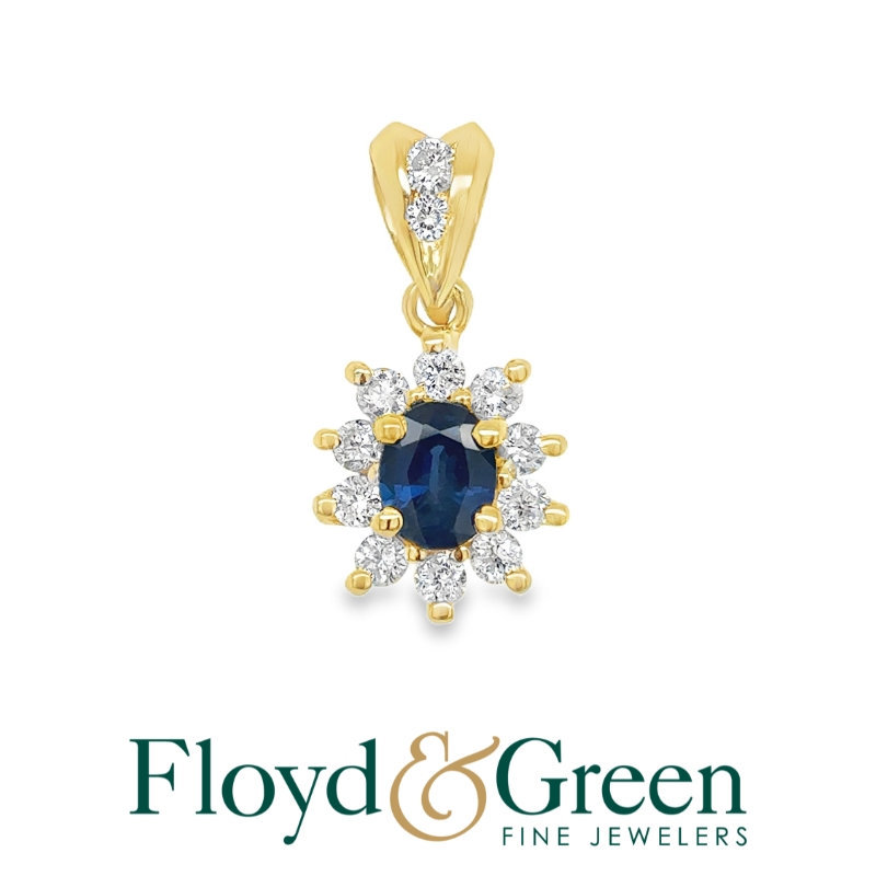 14KY Diamond & Sapphire Pendant, 12 Rd Diamonds, 0.30ct, H SI1, Oval Sapphire, 0.43ct