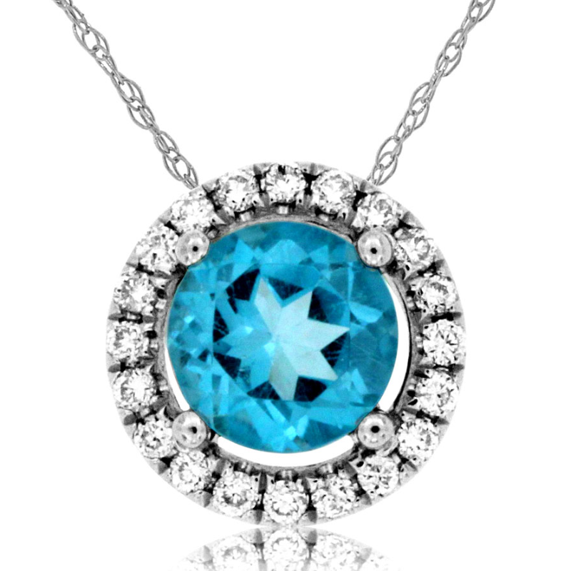 14KW  0.58ct blue topaz with 0.08ctw round diamond halo pendant