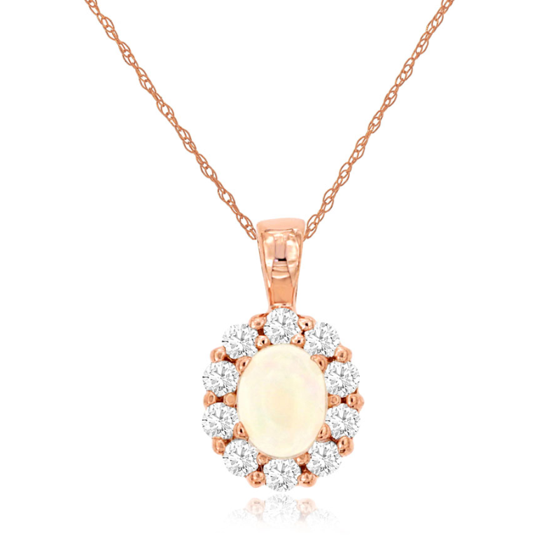 14KR 0.2ct opal and 0.2ctw diamond halo pendant